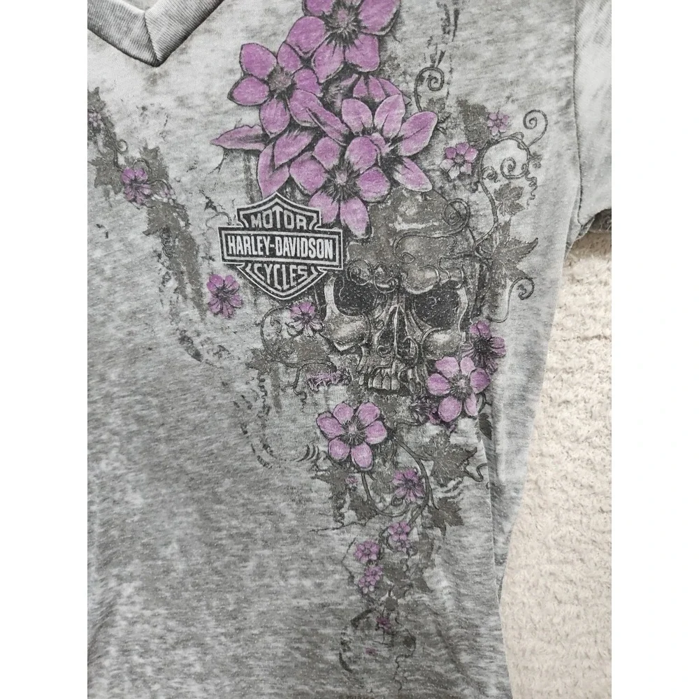Harley Davidson Shirt Women Med Branson, MO Gray Puple Flowers Scull_2